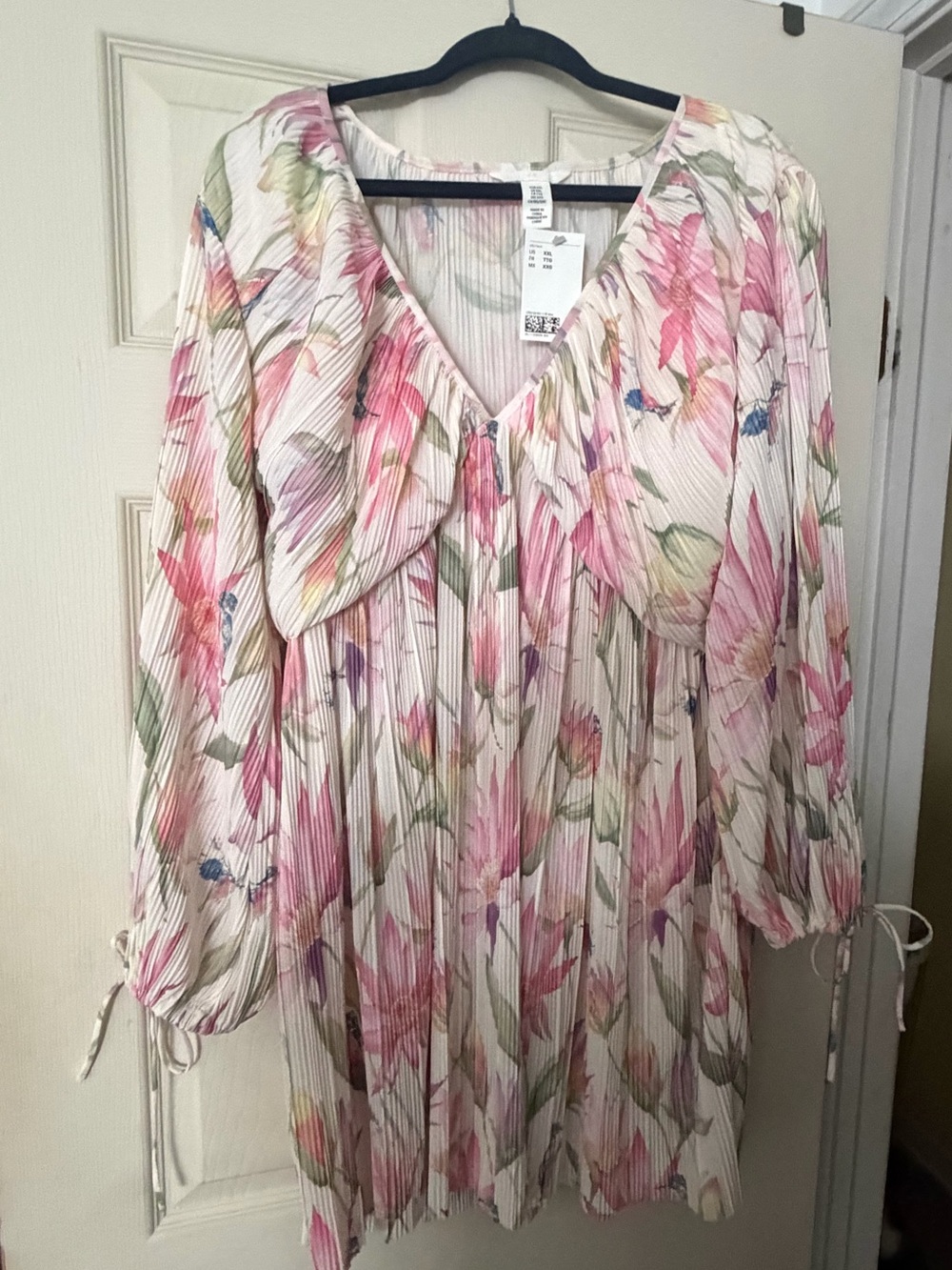 H&M Cream Long-Sleeve Pleated Floral Tunic Dress - Pink & Green Print